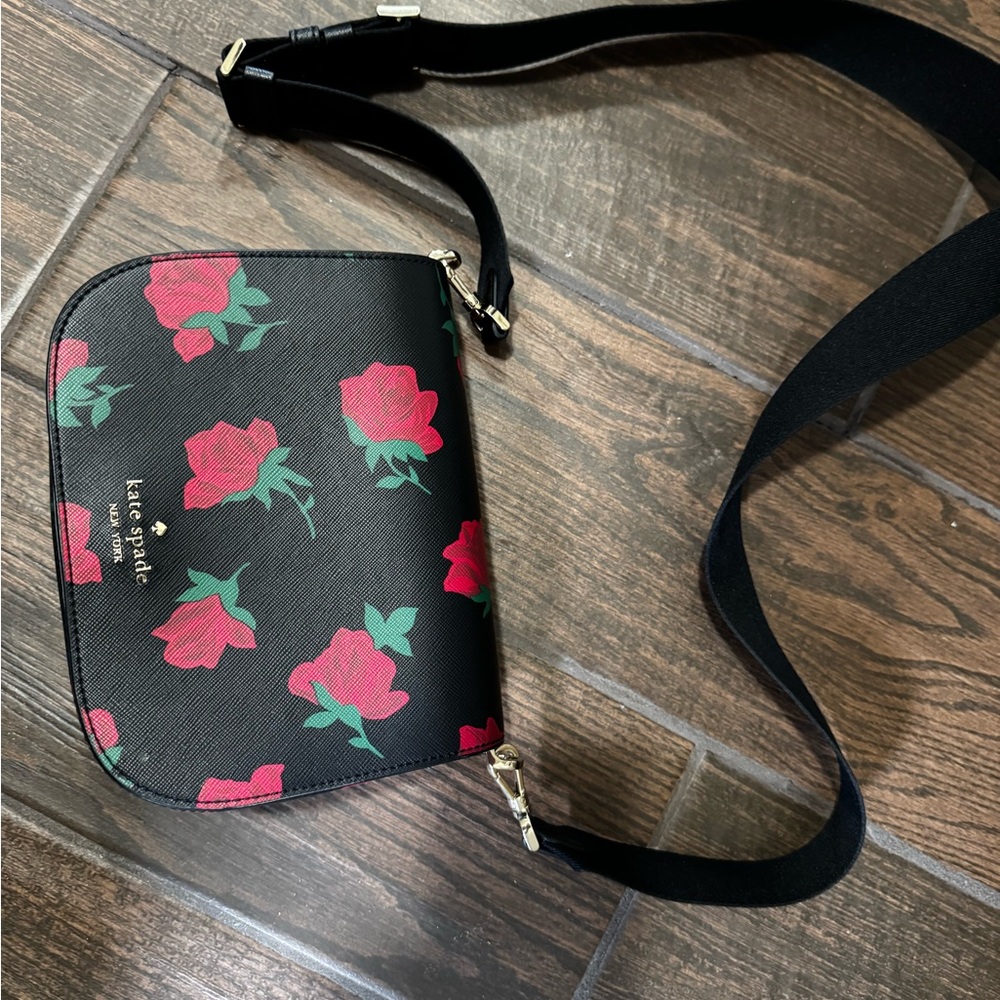 Kate Spade Madison Rose Toss Black and Red Floral Crossbody Bag